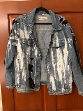 Wren+Glory Distressed Blue Lace-Up Denim Jacket